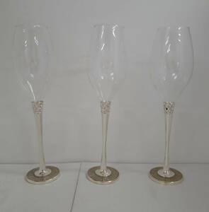 【菊水-4583】(MI)ワイングラス　シャンパングラス　フルートグラス　3個　万能型　高さ約29㎝　口径約5㎝※キズあり/グラス
