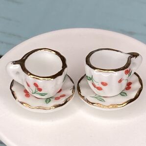 ミニチュアカフェ4点セット コーヒーカップ ティーカップ 陶器 カップ2&ソーサー2 チェリー柄