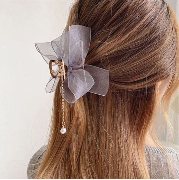 新品 ブルーグレー パールチェーン リボン ヘアアクセサリー 髪留め ゴールド