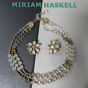 * Miriam Haskell : mat + clear glass 3 ream necklace + earrings : costume jewelry 