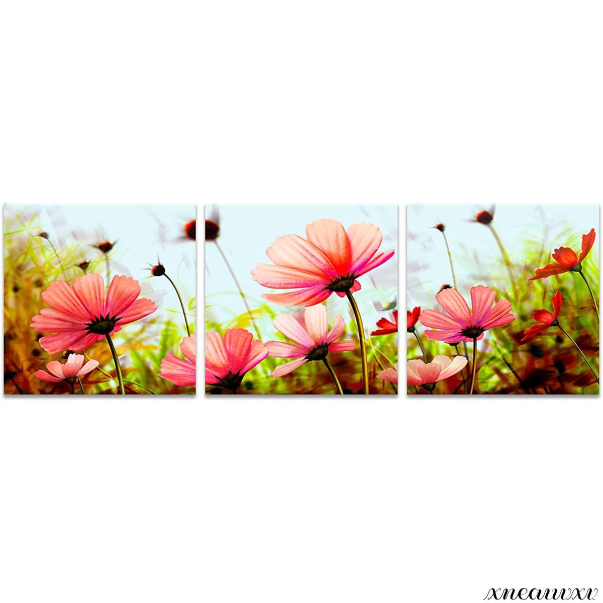 Vivid 3-panel art panel, red flowers, interior, wall hanging, room decoration, nature, landscape, canvas, wooden frame, painting, stylish, wall art, art, Artwork, Painting, graphic