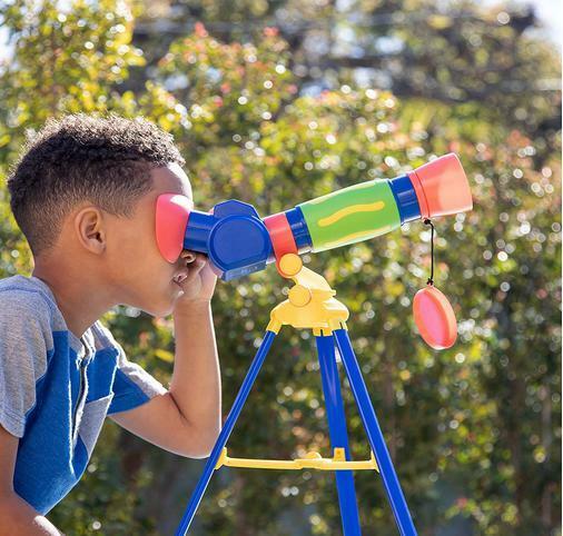 学習玩具 幼児向け 初めてのトイ望遠鏡 拡大率９倍 フリーフォーカス機能 特大の接眼レンズ 三脚付き おもちゃ カラフル プレゼント