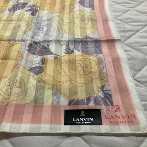 新品☆ランバン LANVIN 大判ハンカチーフ 綿100% ミニスカーフ バッグチャームにも　薔薇　約58cm 黄色い薔薇