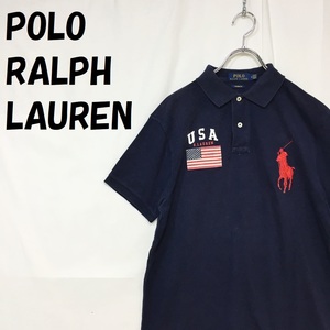 【人気】POLO RALPH LAUREN/ポロ ラルフローレン 半袖 ポロシャツ ポニー刺繍 USAフラッグ 綿100％ ネイビー サイズM/S4861