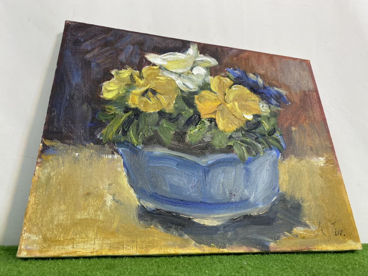 誠実 油彩画 洋画 油絵額縁付きで納品対応可 M12号 パンジー 安田 英明