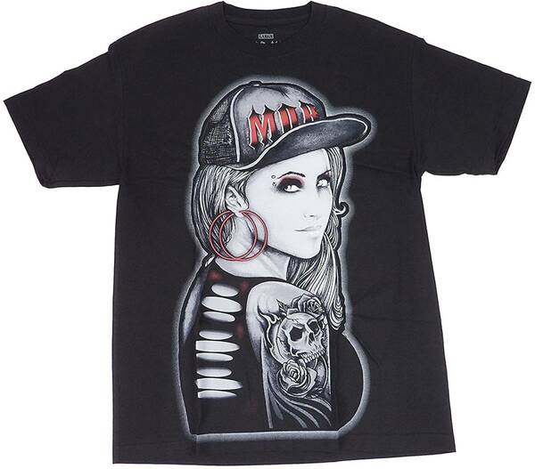 LA ストリートプリント Mob inc MOB CAP Lady 半袖 Tシャツ (ブラック) 並行輸入品　(XL)