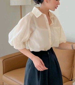  Корея мода!ba Rune рукав прозрачный блуза [ абрикос M размер ]