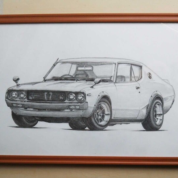 旧車.デッサン、ケンメリGT-R (原画 A3 フレーム付き)