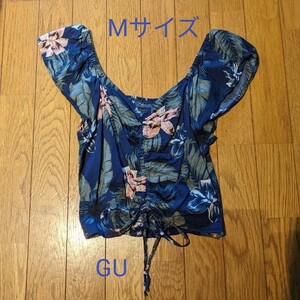 GU　ボタニカルフラワープリントブラウス　花柄　ネイビー　Mサイズ