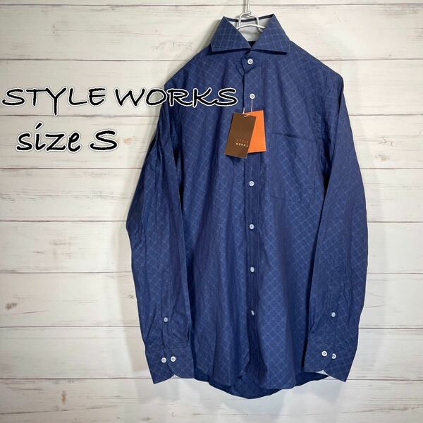 STYLE WORKS 長袖カッタウェイ ネイビー ワイシャツ スリムフィット