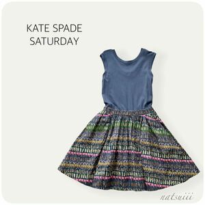 KATE SPADE SATURDAY ケイトスペード . 人気 切り替え ドッキング プリント ワンピース くすみブルー 送料無料