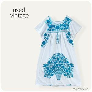 used vintage メキシコ 刺繍 ターコイズブルー 単色 メキシカン ワンピース 送料無料