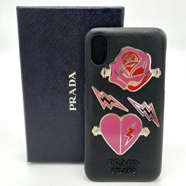 【大特価!!】PRADA プラダ アイフォンケース iPhone10 iPhoneX XS ハート バラ ローズ ブラック×ピンク ブランド 鑑定済み■