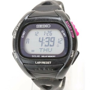 F714 セイコー S680 00A0 ソーラー 腕時計 スーパーランナーズ デジタル 黒×ピンク 純正 ラバーベルト