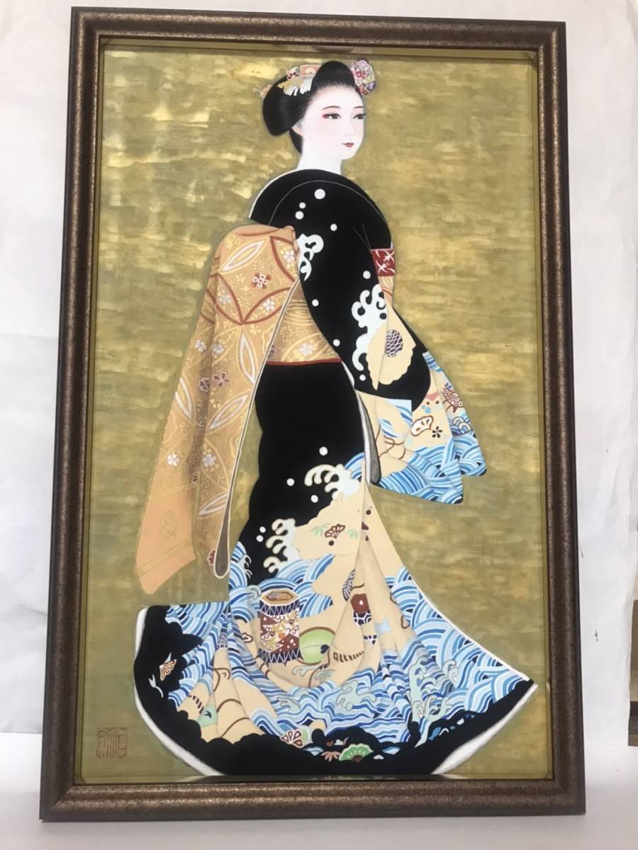 [Authentique] Yamada Harunori debout Maiko peinture japonaise, soie (53, 5 cm x 83 cm) avec cadre, sélectionné pour l'exposition du Musée royal d'Ueno pendant trois années consécutives, diplômé de l'Université des Arts de Kyoto, Peinture, Peinture japonaise, personne, Bodhisattva