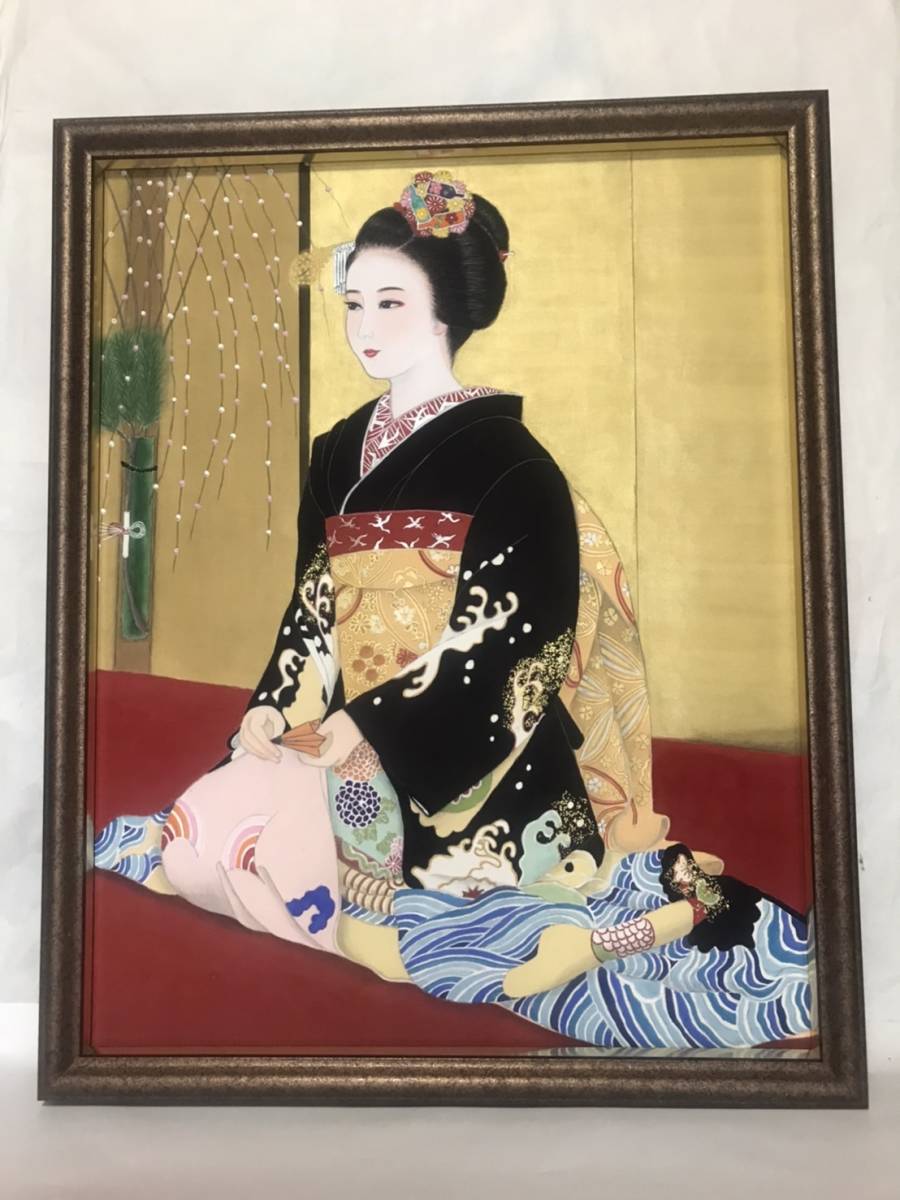 [Auténtico] Yamada Harunori Maiko en posición sentada Pintura japonesa, seda (60cm x 74, 5cm) con marco, seleccionado para la Exposición del Museo Real de Ueno durante tres años consecutivos, graduado de la Universidad de las Artes de Kyoto, Cuadro, pintura japonesa, persona, Bodhisattva