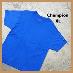 Champion チャンピオン ベーシック Tシャツ 袖口ロゴ ワッペン ビッグシルエット 半袖シャツ 無地 ロゴ ブルー 青 サイズXL 玉FL1093