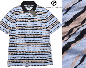 新品13万 GIORGIO ARMANI ジョルジオ アルマーニ 「ブルー 48」最高級ジャガード織り！半袖ポロシャツ Tシャツ メンズ (イタリア製)