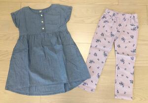 ☆ワンピース＆花柄パンツセット☆110サイズ シャンブレーワンピース 半袖 ブルー GIRLS 長ズボン 紫 フラワー 上下セット 2点 春夏服