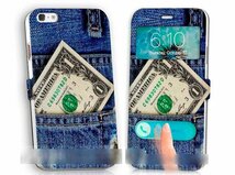 iPhone 5Cジーンズ 1ドル札手帳型ケース ケーブルフィルム付_画像1