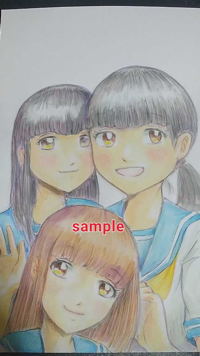 Нарисованная рукой иллюстрация трех девушек, комиксы, аниме товары, рисованная иллюстрация