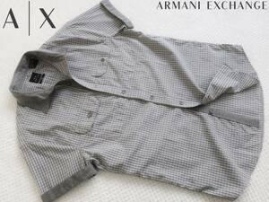 新品★アルマーニ★シックな グレー杢 半袖シャツ★ブラック チェック コットンシャツ カジュアルシャツ M★A/X ARMANI☆289