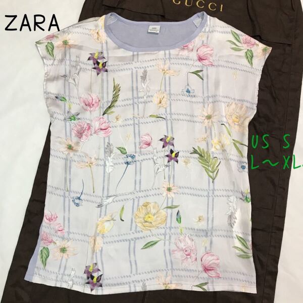 美品★ ZARA ザラ とろみ 花のカットソー 花柄 スカーフ柄 ゆったり エレガント USA Sサイズ L〜XL相当 古着