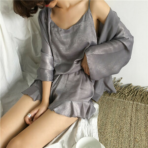  Home wear silk manner tank top camisole cardigan set gray L