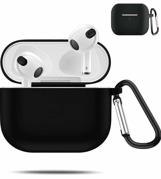 AirPods 3ケース 充電便利 装着したまま 傷つきにくいシリコン カバー防水 防塵 軽量 キーチェーン付き ワイヤレス充電対応(ブラック)