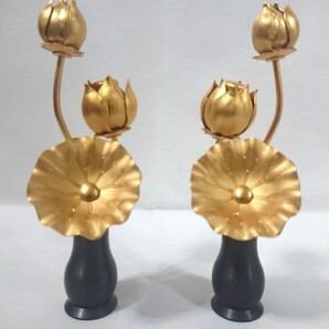 アルミ製 三本立ミニ常花 消金色 華瓶付 1対 仏具・仏壇・仏像・常花