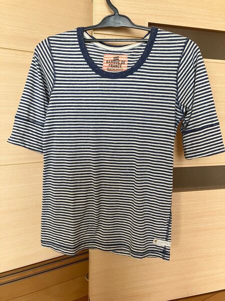 ブルー ボーダー柄 五分袖 マリンカットソー Tシャツ