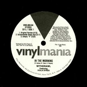 試聴 Withdrawl Featuring Viola Sykes - In The Morning [12inch] Vinylmania US 1994 Garage House