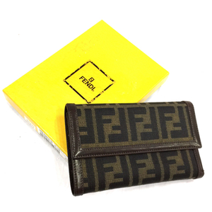 フェンディ 三つ折り 財布 ウォレット ズッカ ジャガード レザー ブラウン 茶 保存箱 付属 FENDI