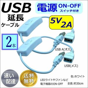 【2本】ホワイト USB電源 ON-OFFスイッチ付き 延長ケーブル 5V/2A 30cm (オス/メス) LED照明や小型ファンなどの小電力機器用