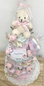 おむつケーキ デラックス3段ケーキ ピンク 送料無料 女の子 パンパース 出産祝い ハンドメイド ギフト