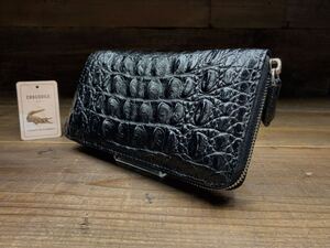 クロコダイル 長財布(ラウンドファスナー/上級センター部位/ハンドメイド/BLACK/本物/背革使用/本ワニ革/一枚革/実物写真/特大型ワニ/)