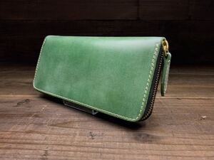 ブライドルレザー 長財布(ラウンドファスナー/YKK/ベンズ部位/ハンドメイド/GREEN×RED/エイジング/手縫い/ヌメ革/小銭入れあり/未使用)