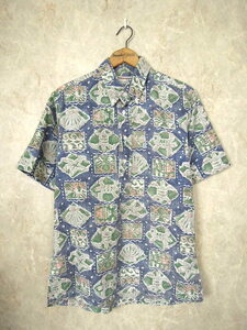 USA производства ka - la тянуть over гавайская рубашка * мужской S размер ( полный размер M степень )/ синий / зеленый / белый / общий рисунок / хлопок / половина кнопка /kahala
