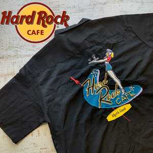 A568 Hard Rock Cafe アロハ シャツ 半袖 アメリカ 古着 ハード ロック カフェ チェーン 刺繍 ステッチ ボーリング オープン カラー 開襟 L