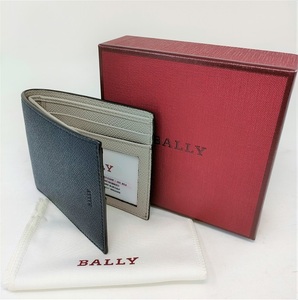 新品 バリー 二つ折り財布 BALLY BONETT US ID B/407 ネイビー 牛革 札入れ ウォレット ネイビー×グレー 小銭入れなし