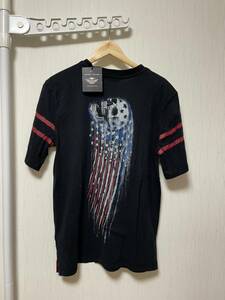 未使用☆[Harley Davidson] 星条旗スカル USED加工 半袖Tシャツ カットソー S ブラック 96614-17VM ハーレーダビッドソン