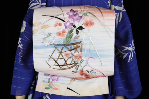 ★☆★アンティーク大正ロマン パステルカラーのぼかしに秋草の花籠刺繍仕立て直し絽丸帯★☆★