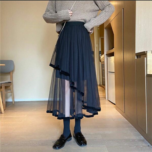 アシンメトリー 個性派 メッシュ スカート モード フレアスカート　ブラック
