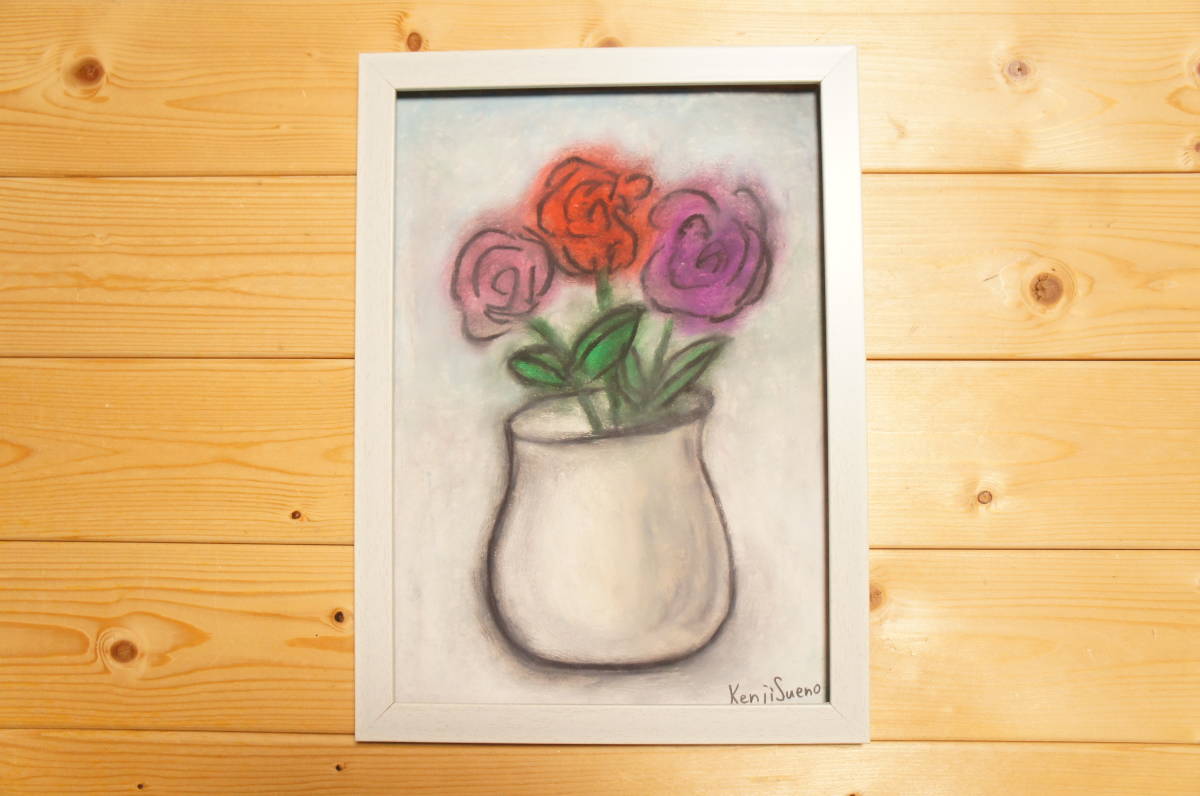 [Rosas] Dibujado a mano, pintado con crayón, pintura de naturaleza muerta 457, pintura con crayones, pintura al óleo al pastel, arte original, Obra de arte, Cuadro, dibujo al pastel, Dibujo con crayón