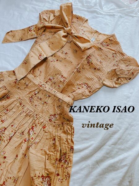 カネコイサオKANEKO ISAO☆ピンタック花柄プリーツ半袖ワンピースベルト／サッシュベルトブラウンピンクハウス インゲボルグ 