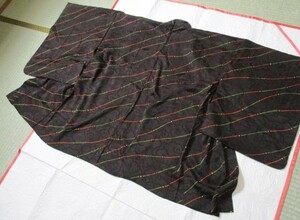 V§818§ antique feather woven * silk { Showa Retro * black ground . ground pattern * line * remake also * recommendation } length 72.5. click post shipping 