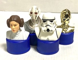 スターウォーズ レイア姫、ストームトルーパー、ジェネラル・グリーパス、C-3PO の ヘッド4種 ペプシコーラペットボトルキャップ