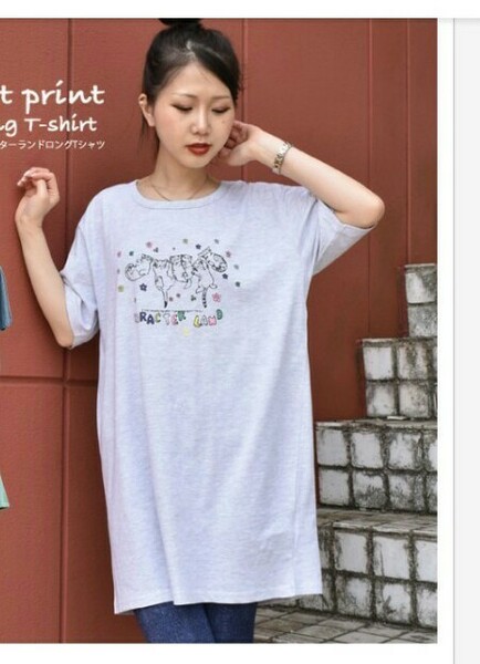 猫 プリント ロングTシャツ 半袖 ライトグレー M～L