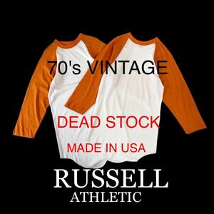 希少！デッドストック 未使用 70's VINTAGE RUSSELL ATHLETIC ラグラン Tシャツ 金タグ M USA製 70年代 ビンテージ ラッセル 七分袖