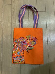 ♪トートバッグ オレンジ　布の袋　象　ぞうelephant 刺繍　インド製　インド土産　派手　カラフル　ほとんど使用なし　美品　USED♪